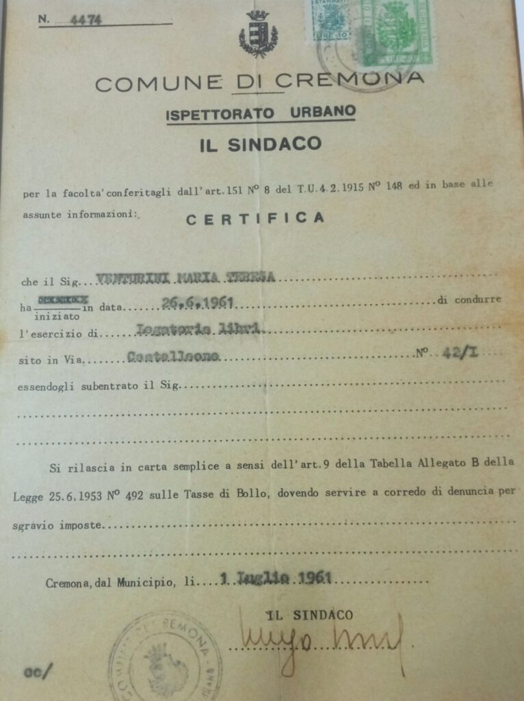 Licenza del Comune di Cremona del 1961 per la Legatoria Venturini Maria Teresa