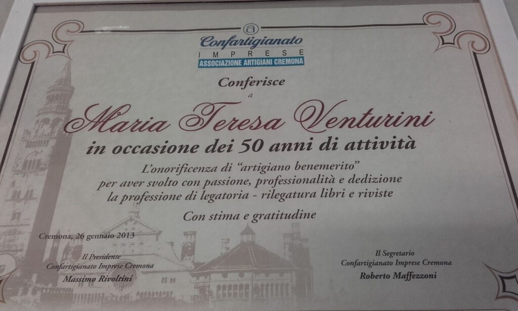 Onorificenza Confartigianato a Maria Teresa Venturini per i 50 anni di attivita